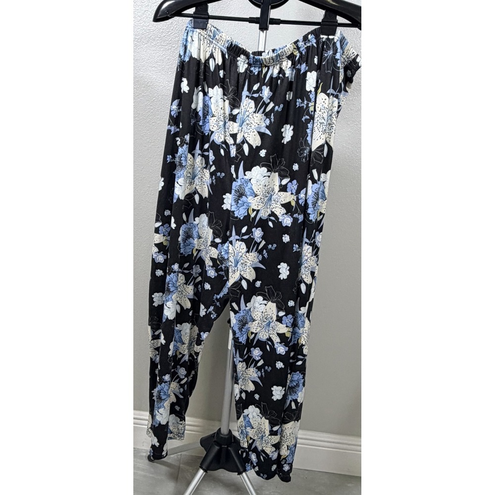 Womens 5XL Pajama Pants Black All Over Floral Print Relaxed Casual Wide Leg
